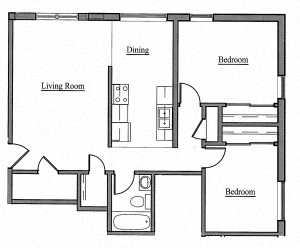 Floor plan for 2 beds, 1 bath, 787 sqft